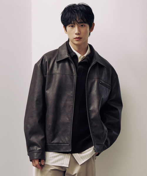 [COUTURE]Brown-washed leather zip-up semi-oversized trucker jacket