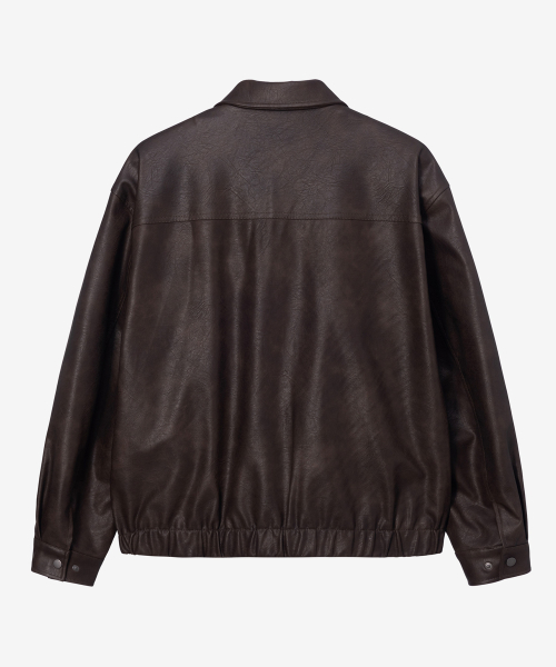 [COUTURE]Brown-washed leather zip-up semi-oversized trucker jacket