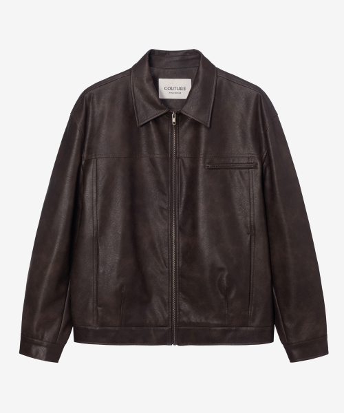 [COUTURE]Brown-washed leather zip-up semi-oversized trucker jacket
