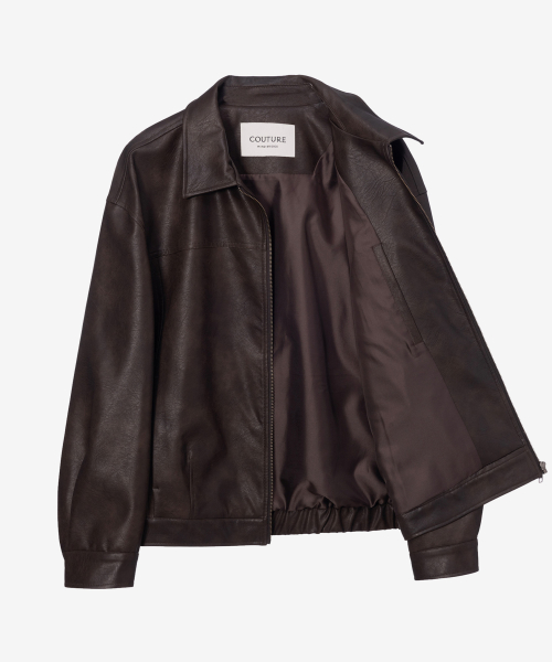 [COUTURE]Brown-washed leather zip-up semi-oversized trucker jacket