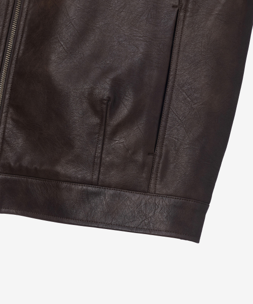 [COUTURE]Brown-washed leather zip-up semi-oversized trucker jacket