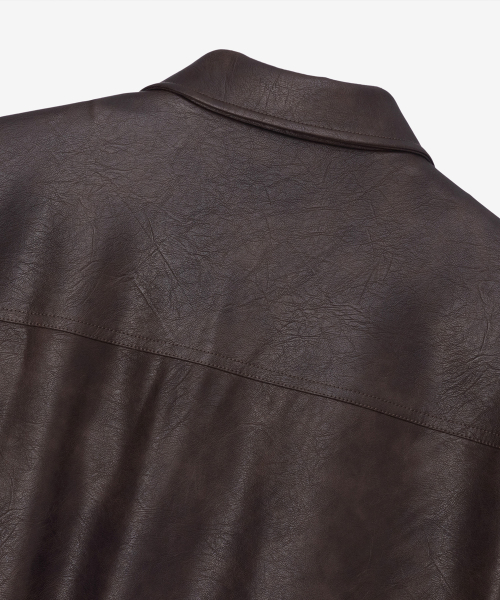 [COUTURE]Brown-washed leather zip-up semi-oversized trucker jacket