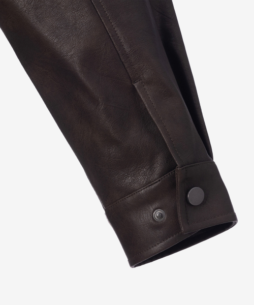 [COUTURE]Brown-washed leather zip-up semi-oversized trucker jacket