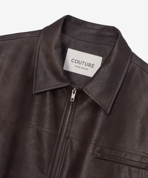 [COUTURE]Brown-washed leather zip-up semi-oversized trucker jacket