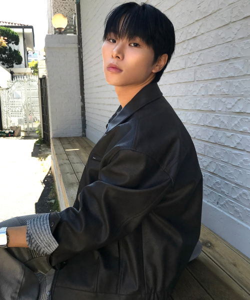 [COUTURE]Brown-washed leather zip-up semi-oversized trucker jacket