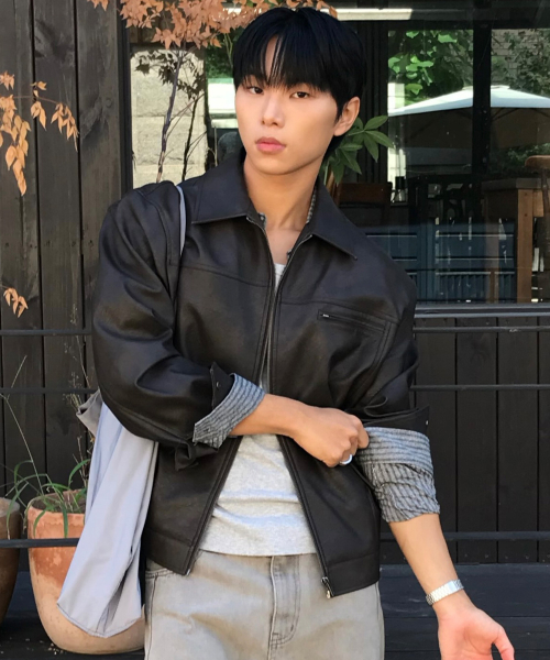 [COUTURE]Brown-washed leather zip-up semi-oversized trucker jacket
