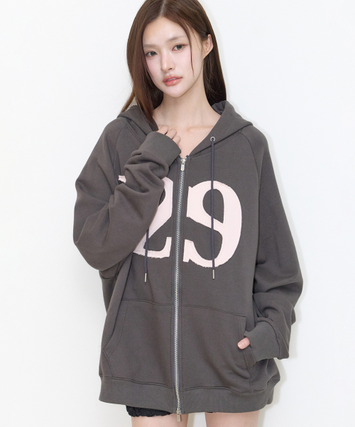 129 LOGO PATCH HOODIE ZIP-UP CHARCOAL