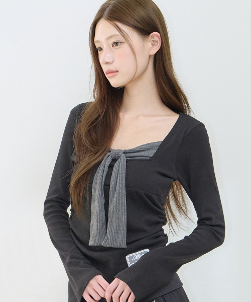 LAYERED RIBBON TIE LONG SLEEVE BLACK