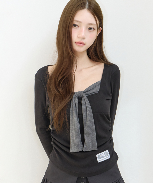 LAYERED RIBBON TIE LONG SLEEVE BLACK