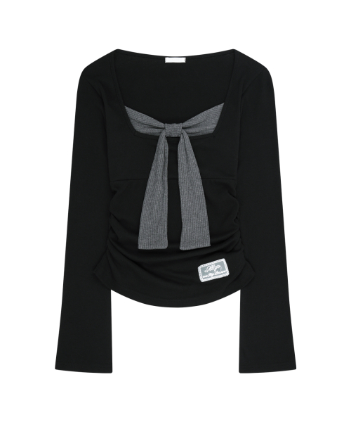 LAYERED RIBBON TIE LONG SLEEVE BLACK