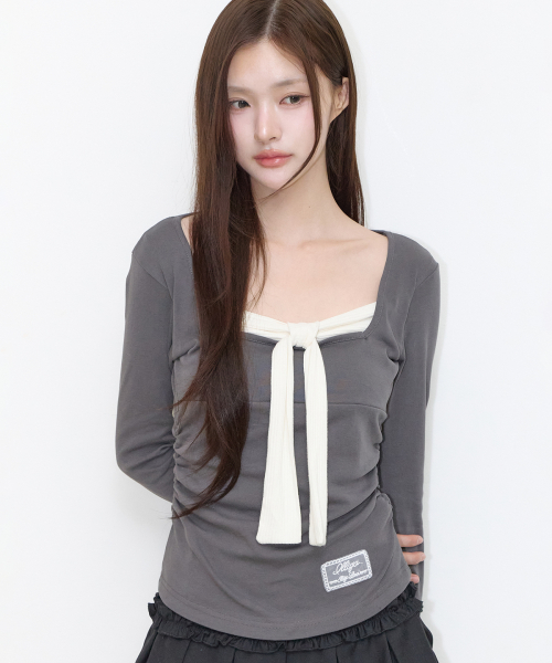 LAYERED RIBBON TIE LONG SLEEVE CHARCOAL