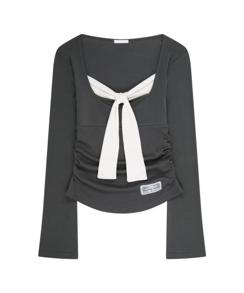 LAYERED RIBBON TIE LONG SLEEVE CHARCOAL