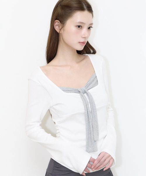 LAYERED RIBBON TIE LONG SLEEVE WHITE