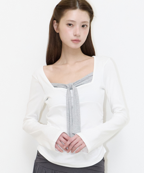 LAYERED RIBBON TIE LONG SLEEVE WHITE