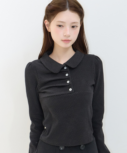 DOT PINTUCK COLLAR LONG SLEEVE BLACK