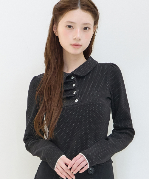 DOT PINTUCK COLLAR LONG SLEEVE BLACK