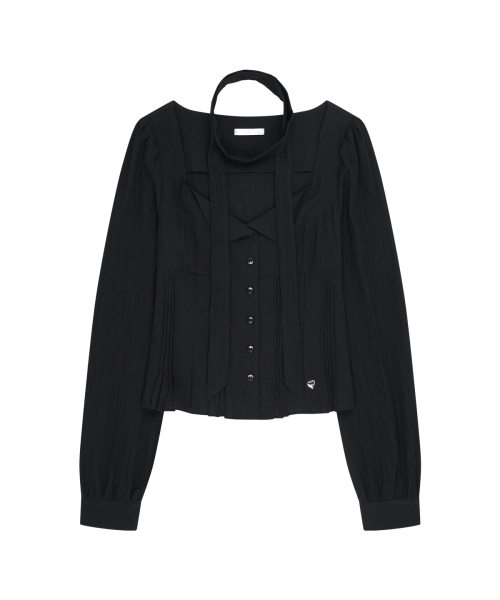 PINTUCK FLARE BLOUSE BLACK