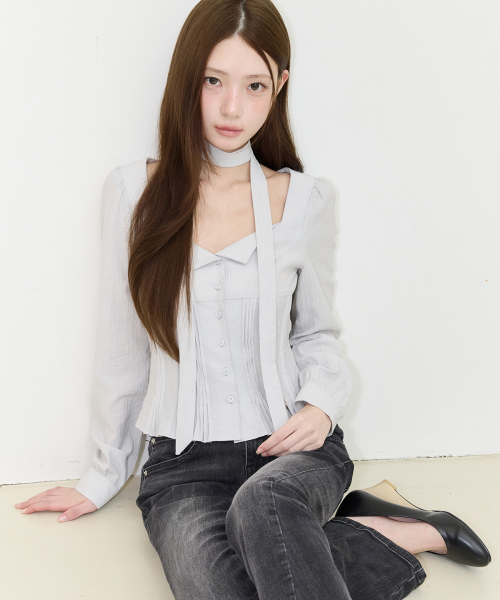 PINTUCK FLARE BLOUSE GREY