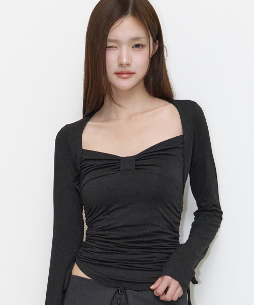 BOW BOLERO SHIRRING TOP BLACK