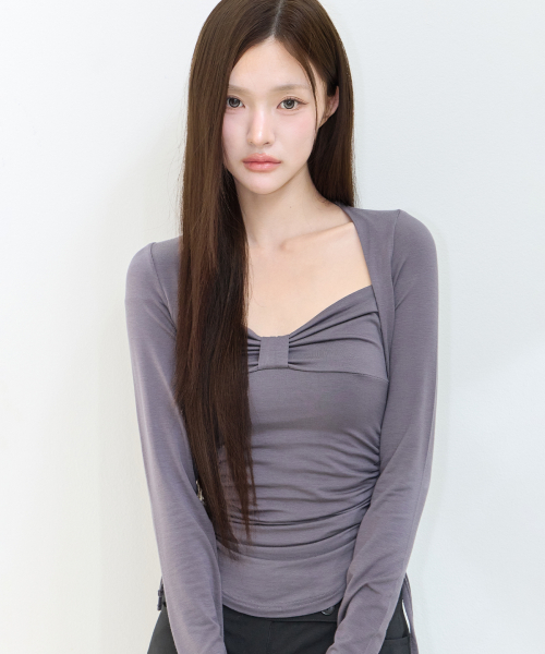 BOW BOLERO SHIRRING TOP CHARCOAL