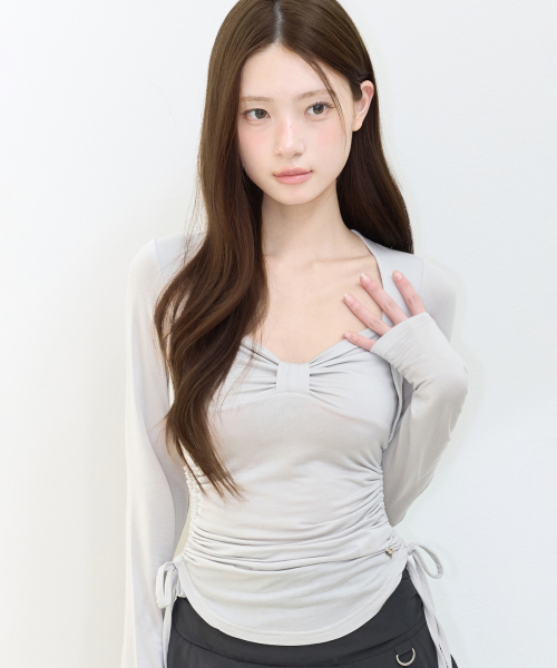 BOW BOLERO SHIRRING TOP GREY