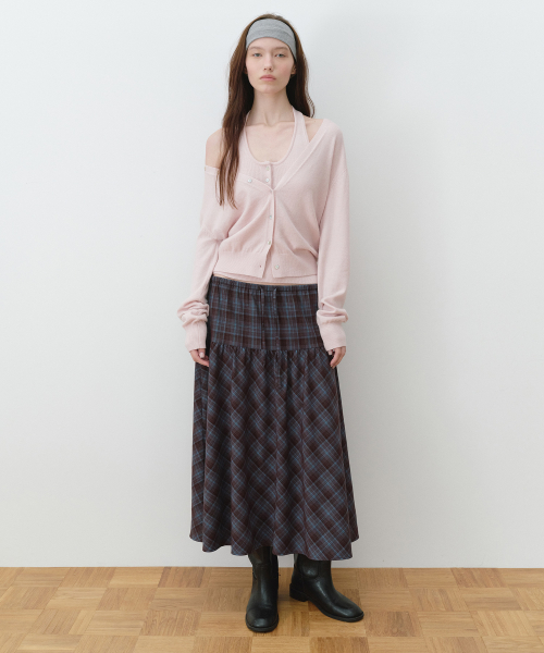 CHECK SHIRRING LONG SKIRT BLUE