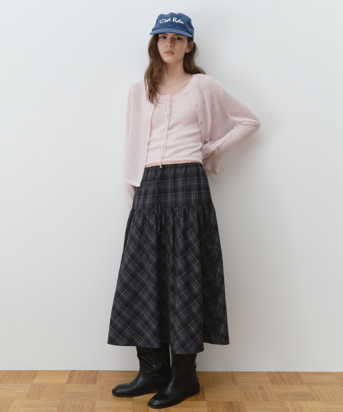 CHECK SHIRRING LONG SKIRT DEEP GRAY