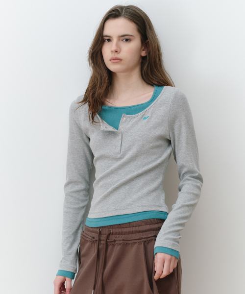LAYERED HENRYNECK LONG SLEEVE M/GY+TE/GR