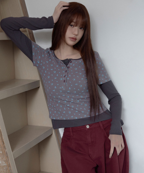 FLOWER LAYERED HENRY NECK LONG SLEEVE GY+CH
