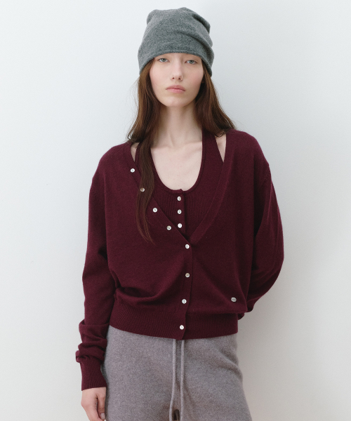 V NECK CARDIGAN SET D/BURGUNDY