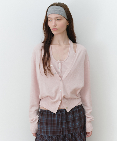 V NECK CARDIGAN SET PINK