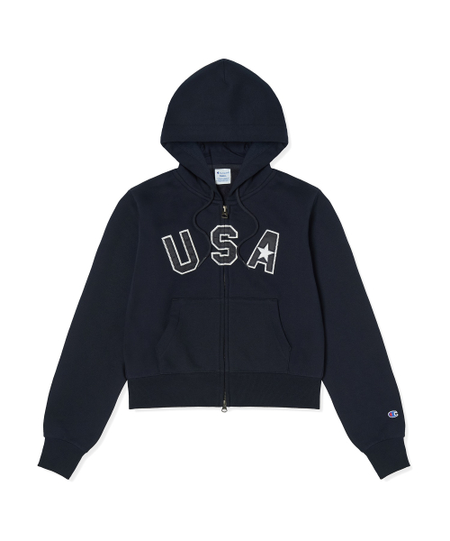 여성 USA 로고 크롭 기모 후드 집업 Navy