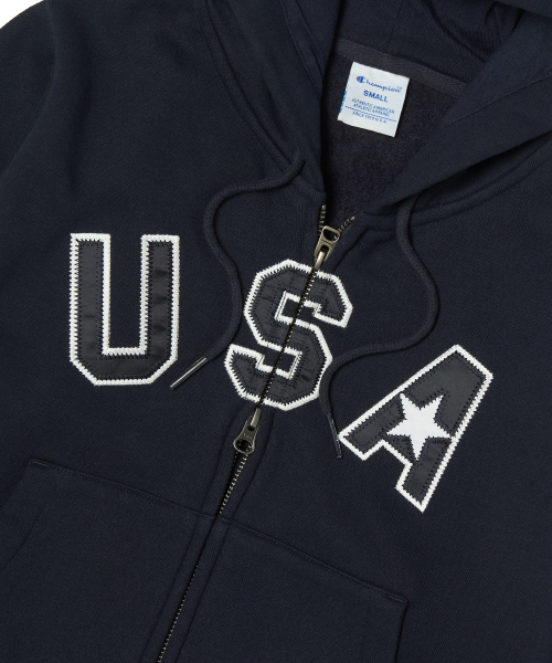 여성 USA 로고 크롭 기모 후드 집업 Navy