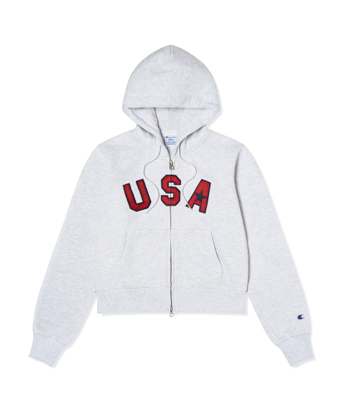 여성 USA 로고 크롭 기모 후드 집업 Light Grey