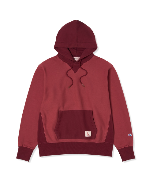 헤리티지 리버스위브 컬러 블록 후드 티셔츠 Burgundy