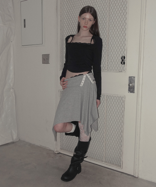 Rozen Folding Lace Flared Midi Skirts_Gray