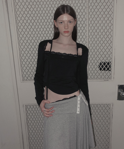 Rozen Folding Lace Flared Midi Skirts_Gray