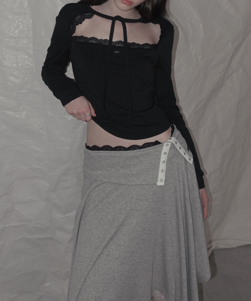 Rozen Folding Lace Flared Midi Skirts_Gray