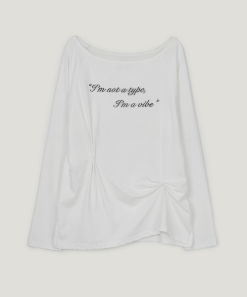 Cropped Lettering Pintuck Boat Neck Long Sleeve T Shirt, Ivory