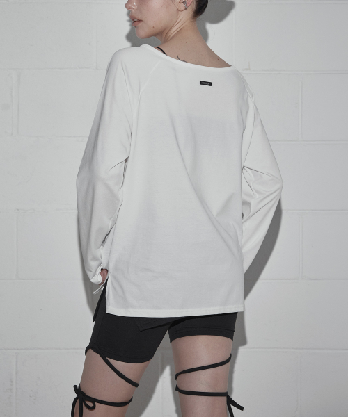 Cropped Lettering Pintuck Boat Neck Long Sleeve T Shirt, Ivory