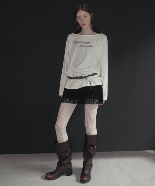 Cropped Lettering Pintuck Boat Neck Long Sleeve T Shirt, Ivory