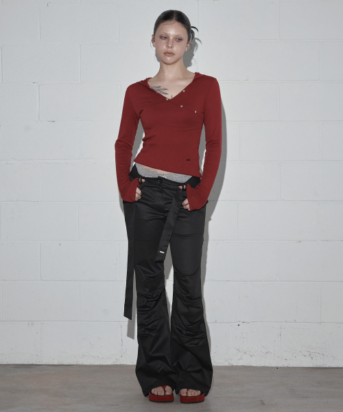 Tocheu Shirred Slim Bootcut Long Pants_Black