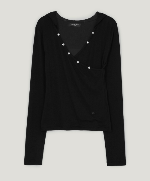 Butil Button V Wrap Hooded Long-Sleeve T Shirt_Black