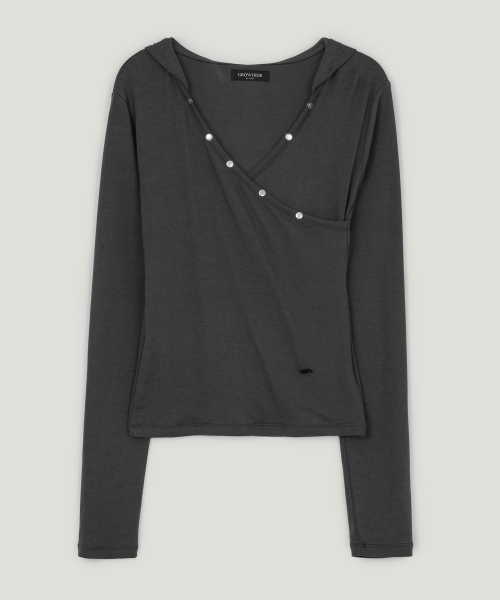 Butyl Button V-Wrap Hooded Long-Sleeve T Shirt_Charcoal