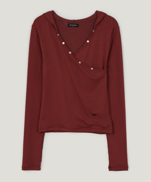 Butil Button V Wrap Hood Long Sleeve T Shirt_Wine