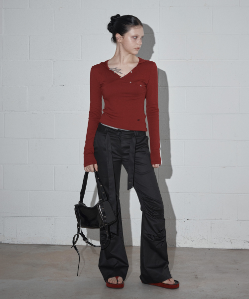 Butil Button V Wrap Hood Long Sleeve T Shirt_Wine