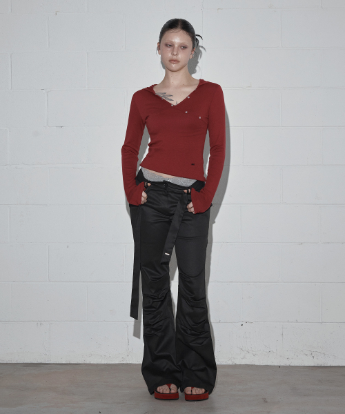 Butil Button V Wrap Hood Long Sleeve T Shirt_Wine