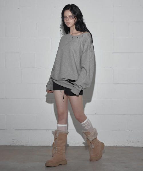 Deuon Eyelet Asymmetric Sweat-Shirt One Piece Gray