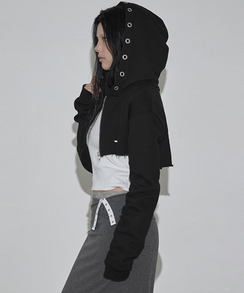Cheto Eyelet Crop Bolero Hood Zip Up_Black