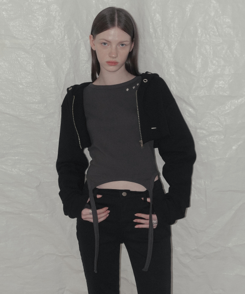 Cheto Eyelet Crop Bolero Hood Zip Up_Black